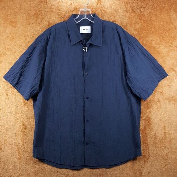 NN07 Shirt Mens XXL Navy Button Up Seersucker Short Sleeve FREDDY $210 - Picture 2 of 10